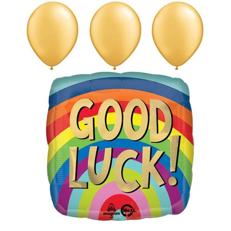 LOONBALLOON Sentiments Balloons, 18 inch Good Luck Rainbow Stripes, 3 Gold Latex Set LOON-LAB-86924P-B-P